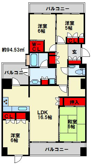 リビオ 大手町 グランエンブレム キッチンと洗面所には共通の勝手口が。部屋数も多い間取りです。