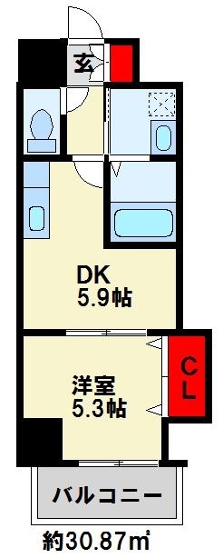THE SQUARE Grand　Residence 1Kでは狭い方へ。仕切りもついた1DKです。