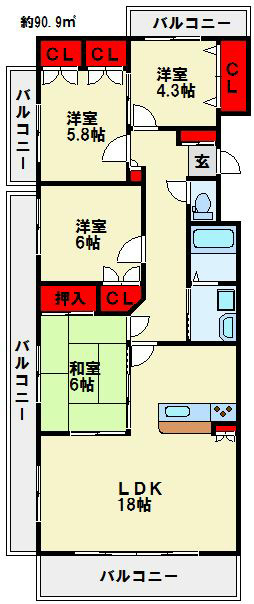 シャトレ大手町　S棟 全部屋がバルコニーに面する間取りです。